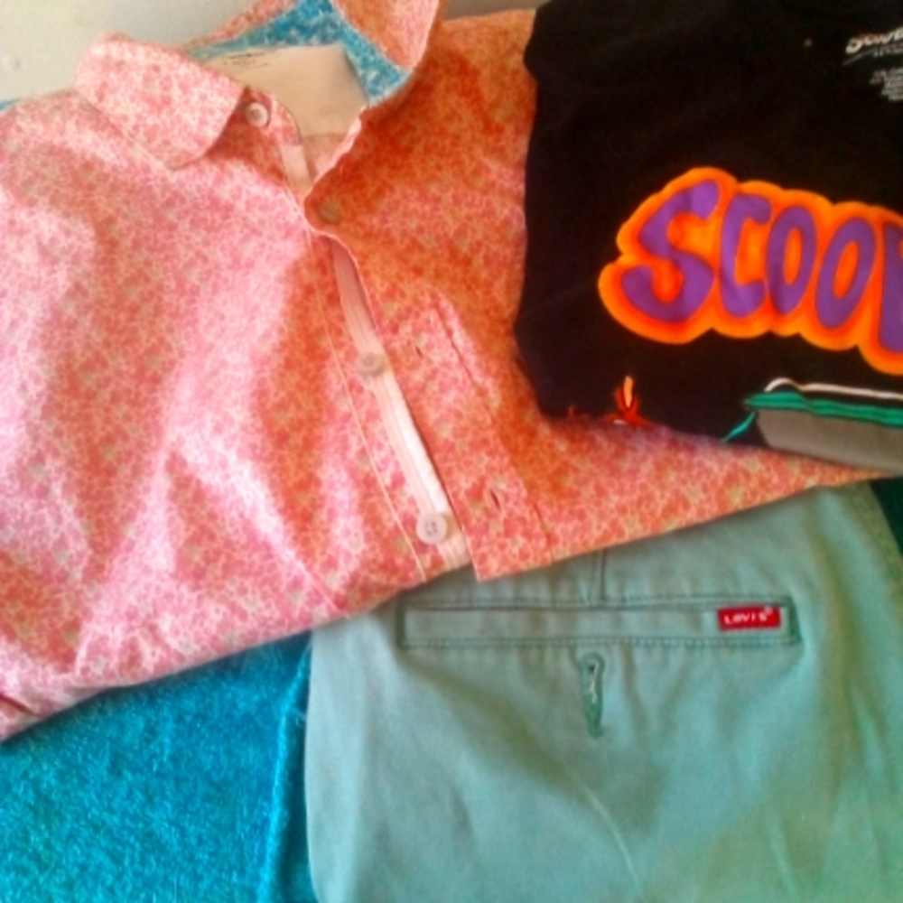 Coo teal Levi's shorts, pink and teal button up and colorful Scooby Doo t shirt